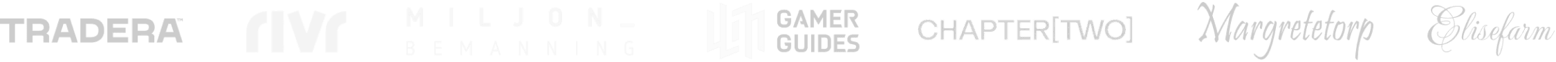 Logos for Tradera, RIVR, Miljonbemanning, Gamer Guides, Chapter Two, Margretetorp, and Elisefarm